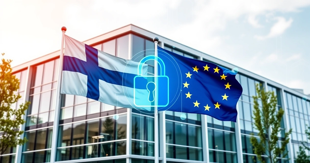 Modernin toimistorakennuksen julkisivu Suomen ja EU:n lipuilla