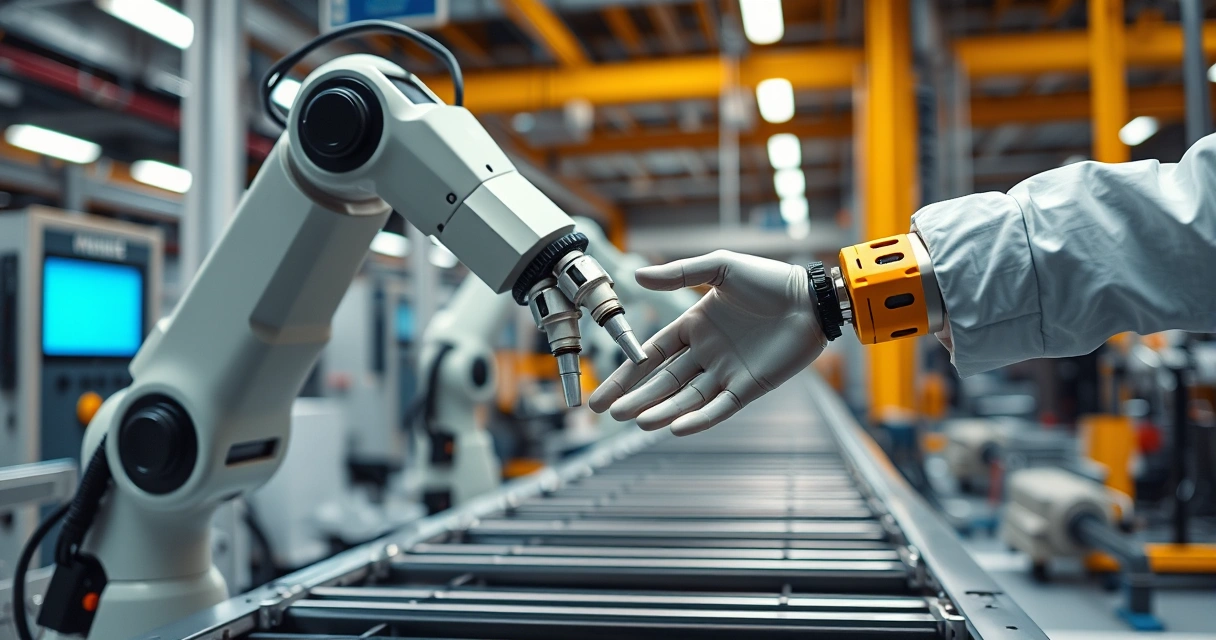 Robottikäsi ja ihminen työskentelevät yhdessä tehtaan tuotantolinjalla