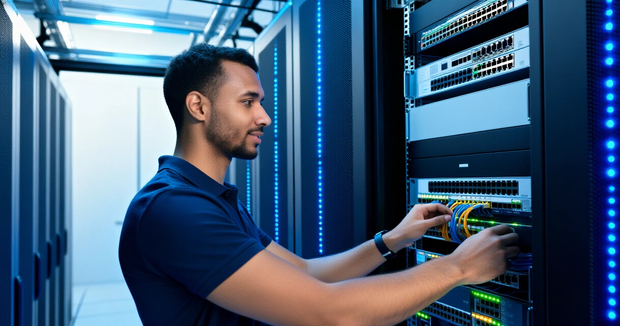 IT-asiantuntija konfiguroi IoT-laitteita yrityksen palvelinhuoneessa