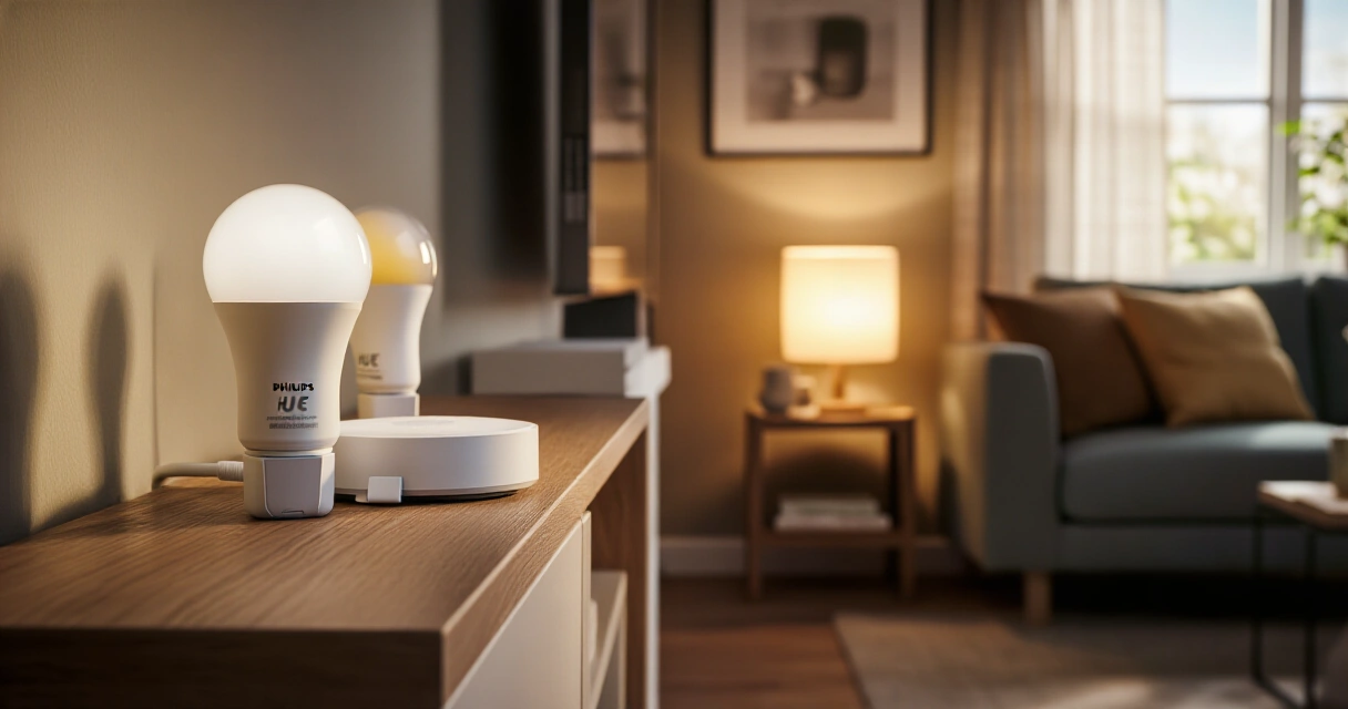 Philips Hue -lamput ja Bridge-silta pohjoismaisessa olohuoneessa
