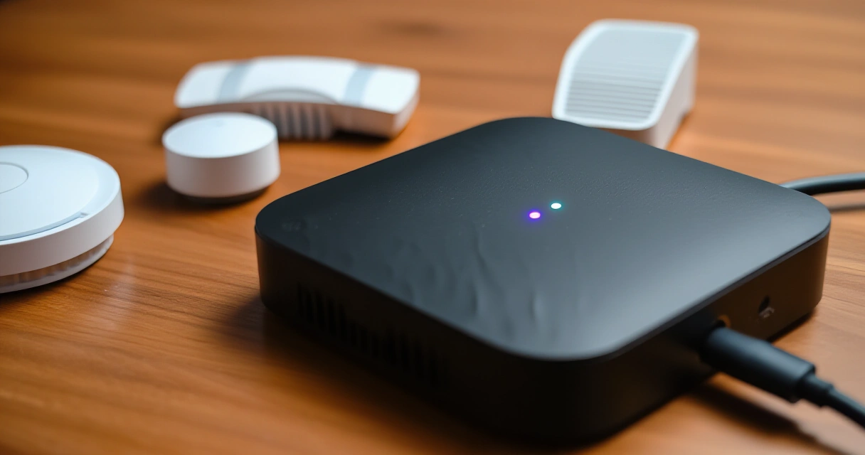 IoT-kotikeskitin ja siihen yhdistettyjä sensoreita pöydällä