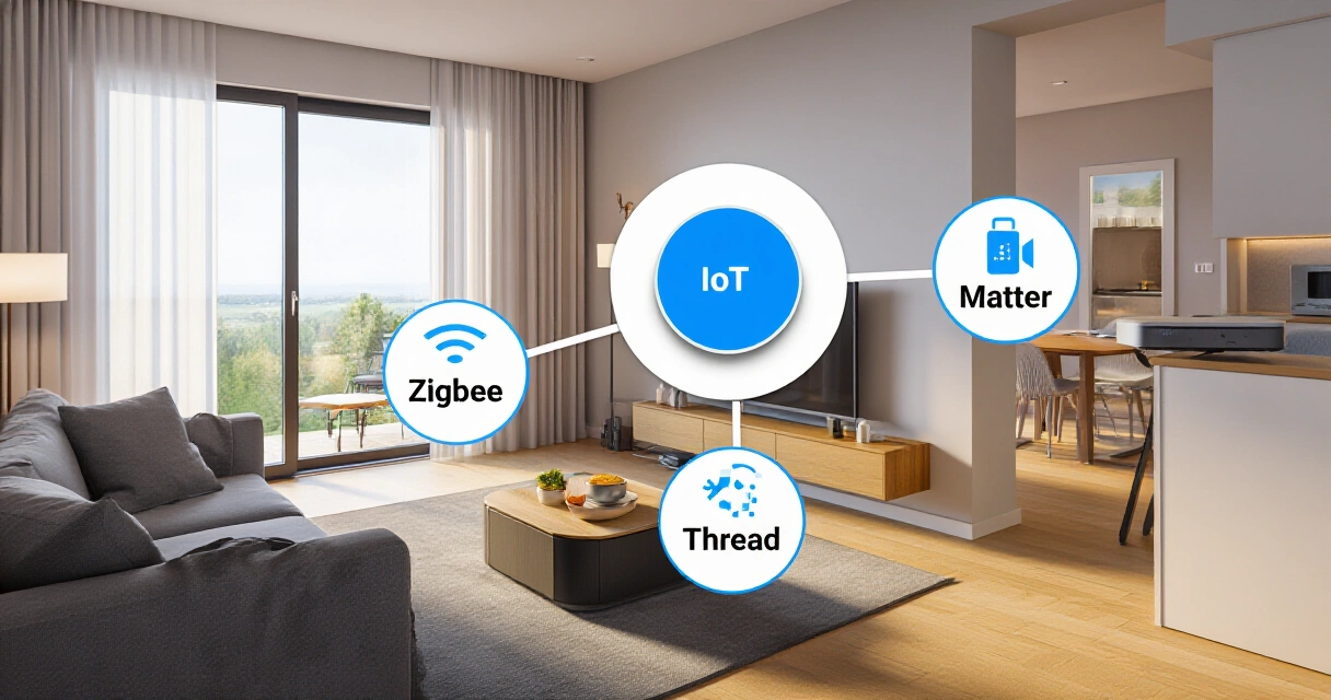 Kaavio Echo Hubin IoT-protokollayhteensopivuudesta Zigbee, Matter ja Thread