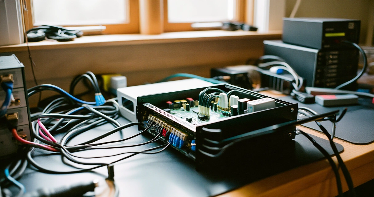 Raspberry Pi 5 kotilaboratoriossa verkkokaapelein ja virtalähteen kanssa IoT-asennuksessa