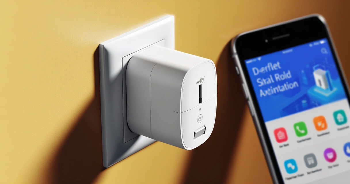 Shelly Plug M Gen3 älypistorasia eurooppalaisessa seinäpistorasiassa, älypuhelin taustalla