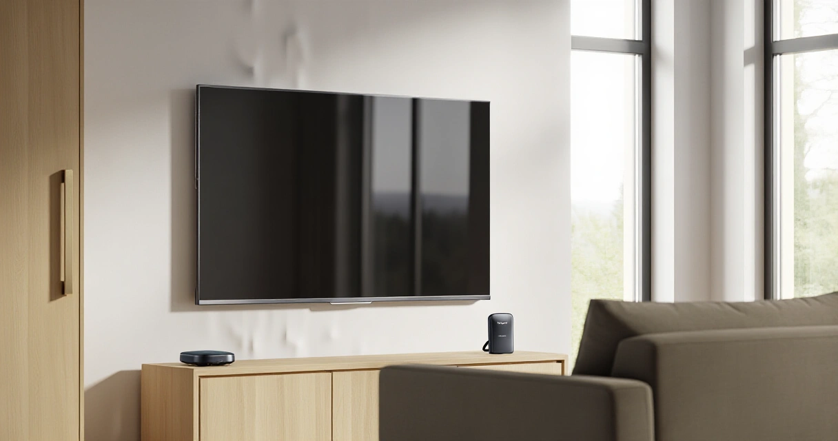 Langaton HDMI-lähetin asennettuna moderniin olohuoneeseen, televisio seinällä
