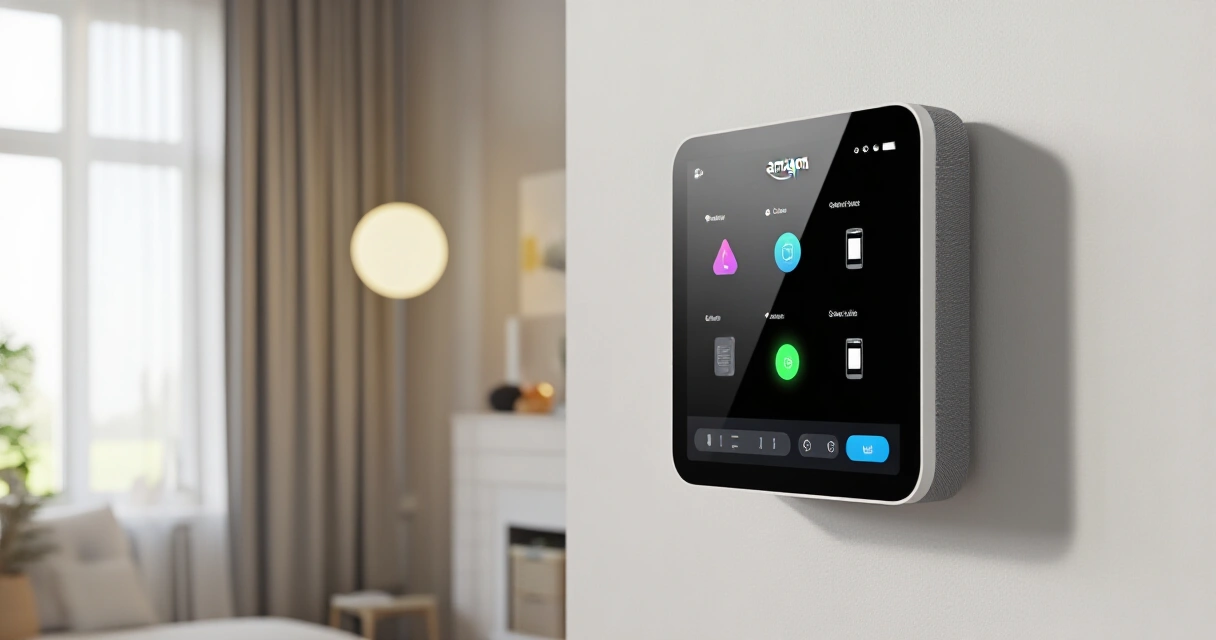 Amazon Echo Hub seinään kiinnitettynä älykodin ohjauspaneelina
