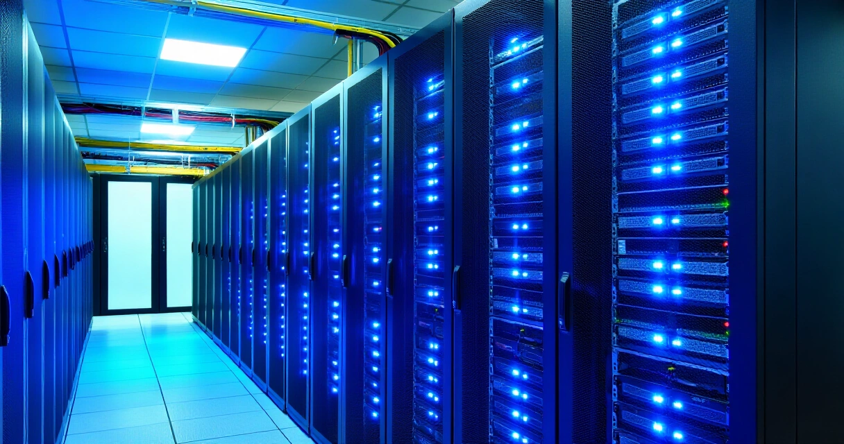 Microsoft Azure datakeskus palvelinrivistöineen sinisessä valossa