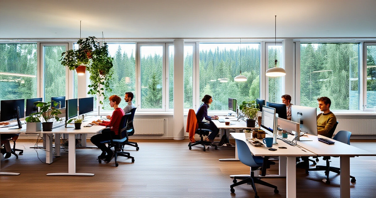 Moderni pohjoismainen toimisto teknologia-alalla, suuri ikkuna metsänäkymällä