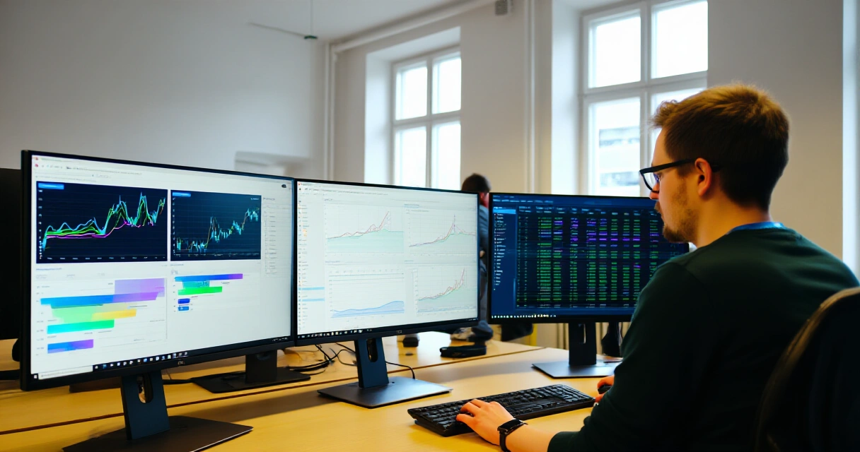Data-asiantuntija seuraa tekoälymallin koulutusta monitoreilta
