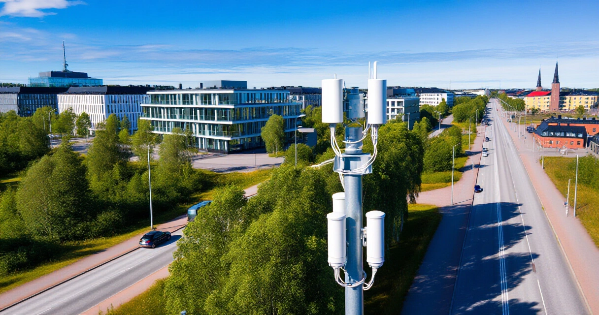 Pohjoismainen älykaupunki ilmakuvassa IoT-sensoriverkostoineen kaduilla ja rakennuksissa
