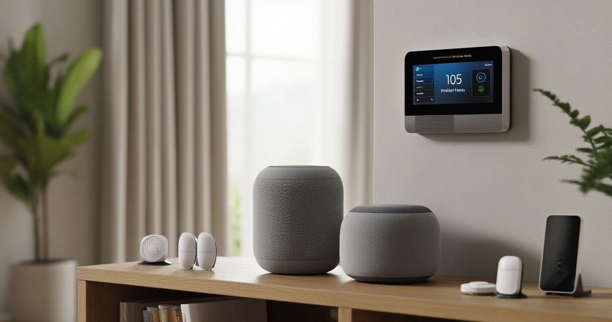 Älykoti, jossa näkyy useita IoT-laitteita kuten älyvalaisin, termostaatti ja kaiuttimet