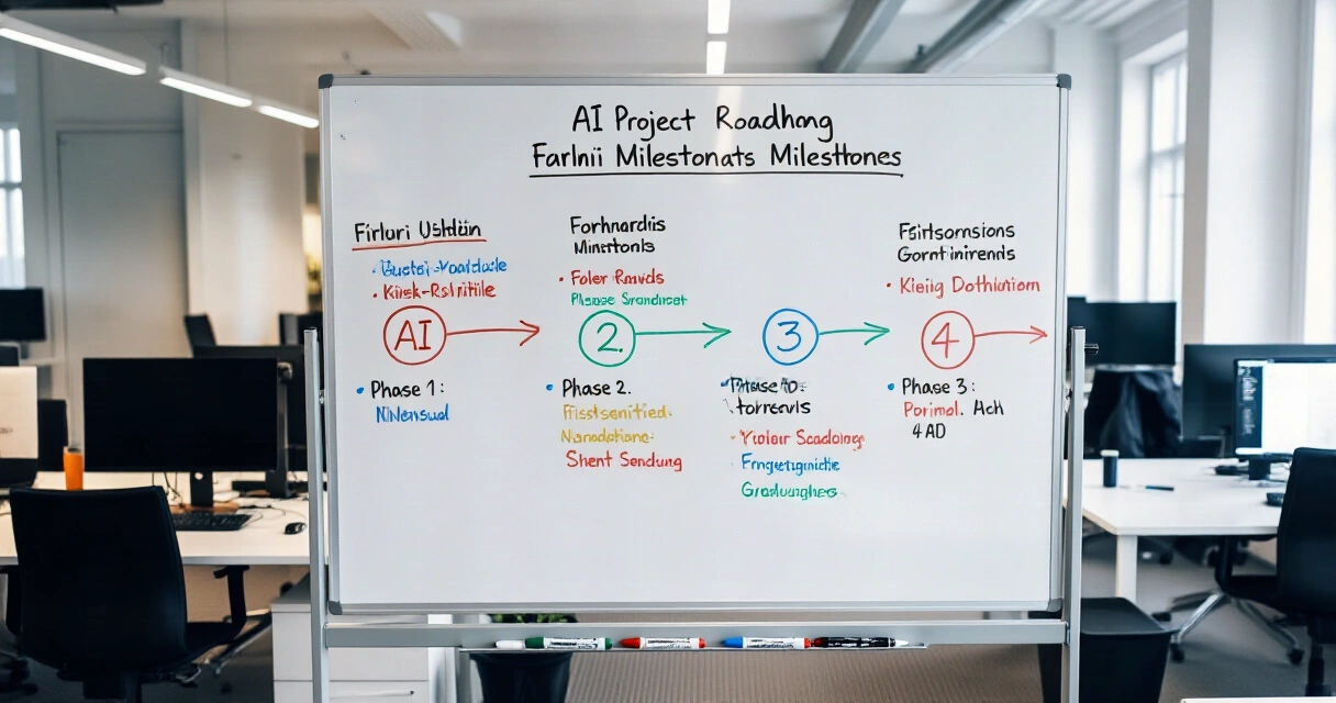 Tekoälyprojektin vaihekartta valkotaululla toimistossa