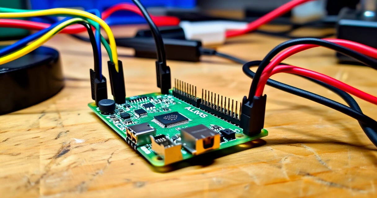 Raspberry Pi 5 -kortti antureilla ja kytkentäjohdoilla IoT-projektiympäristössä