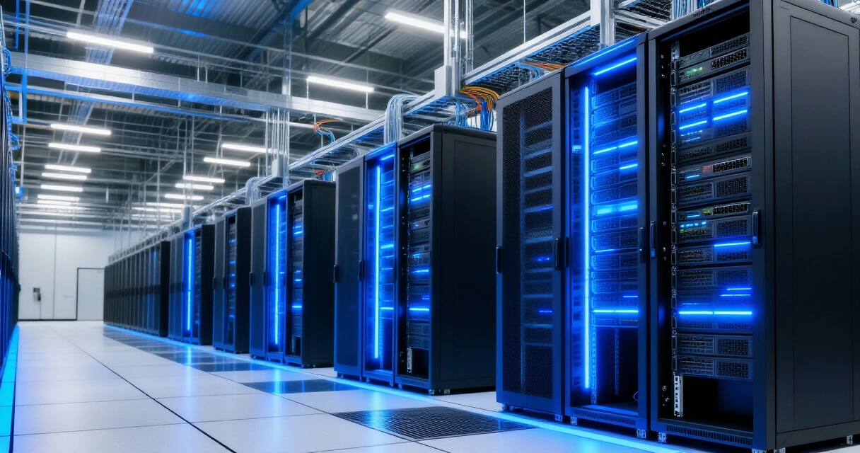 AWS-konesalin palvelinrivistöjä sinisessä led-valaistuksessa
