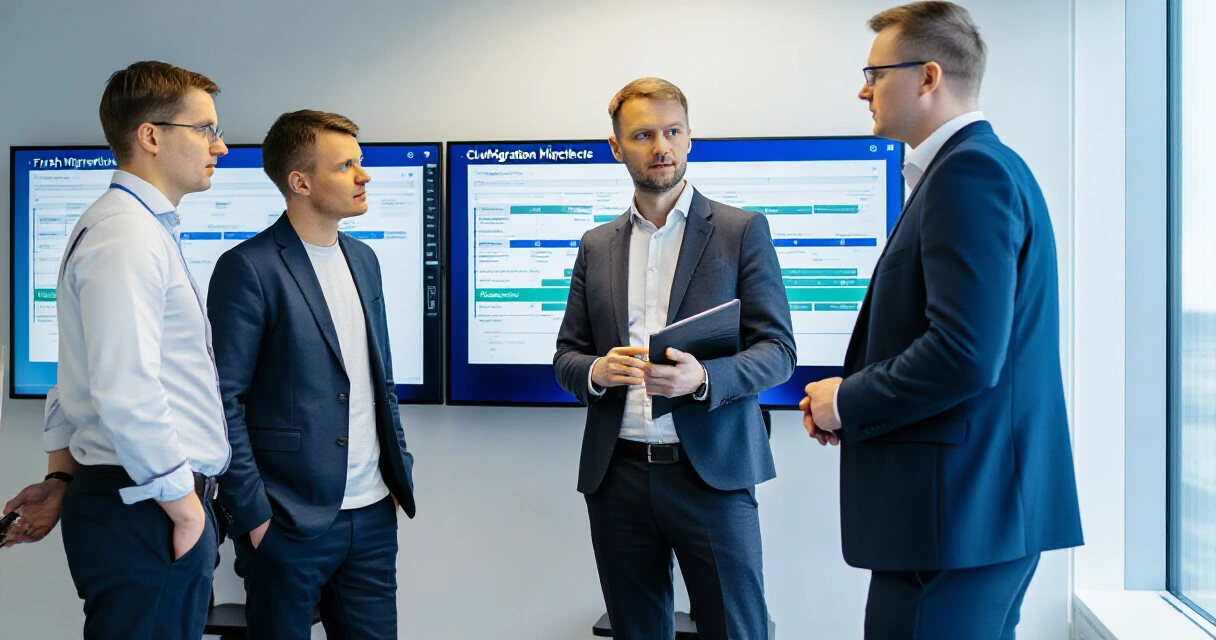 Pk-yrityksen tiimi suunnittelee pilvimigraation aikataulua ja vaiheistusta