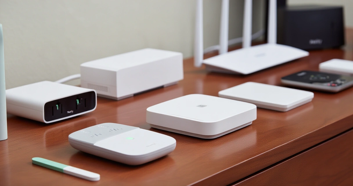 Shelly IoT-laitteet: releitä ja älypistorasioita puupöydällä Wi-Fi-reitittimen vieressä