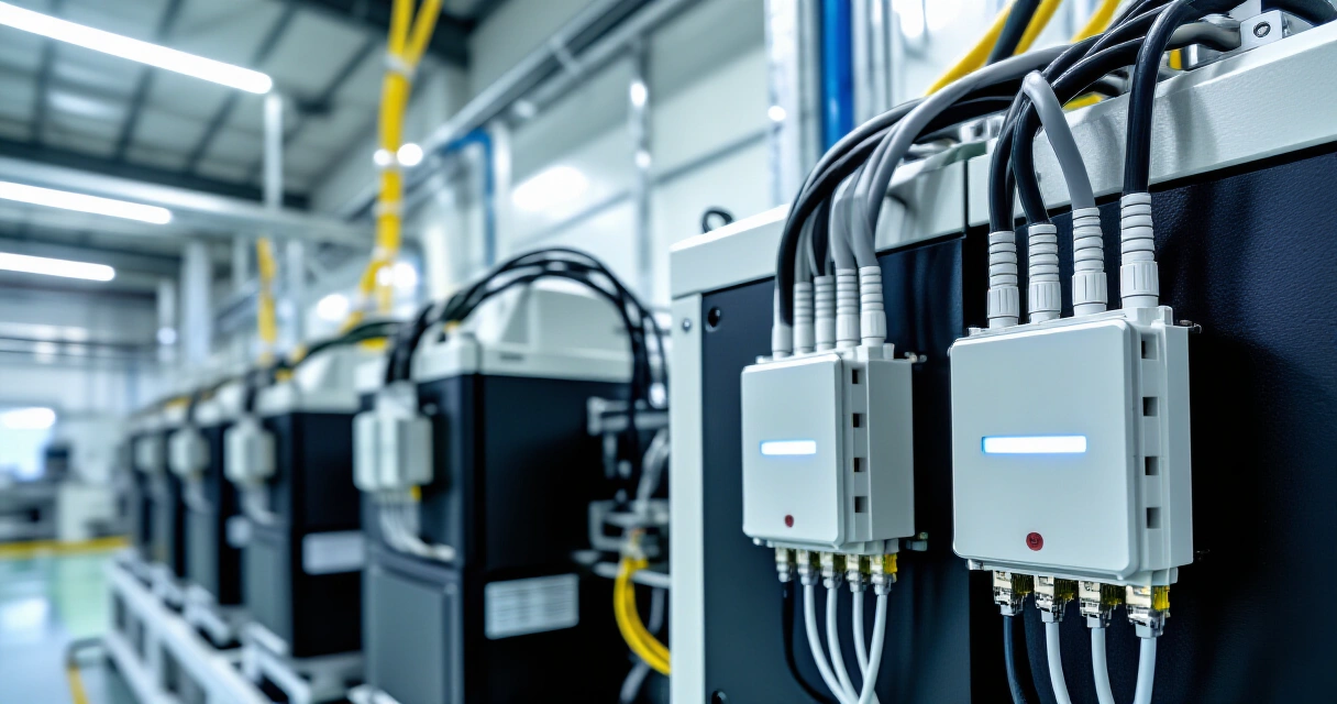 IIoT-anturit ja verkkokaapelit kiinnitettynä teollisuuskoneisiin modernissa tehtaassa