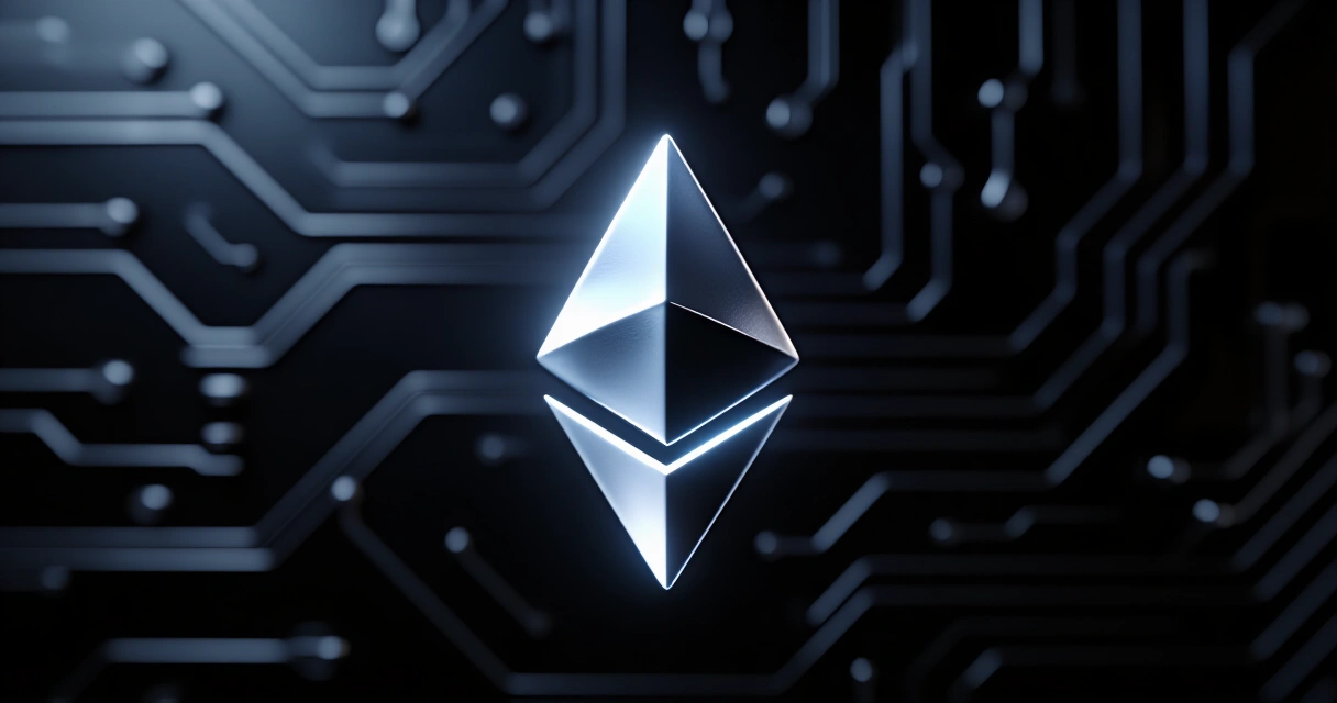Ethereum-logo digitaalisella piirilevyllä, symboloi lohkoketjualustaa