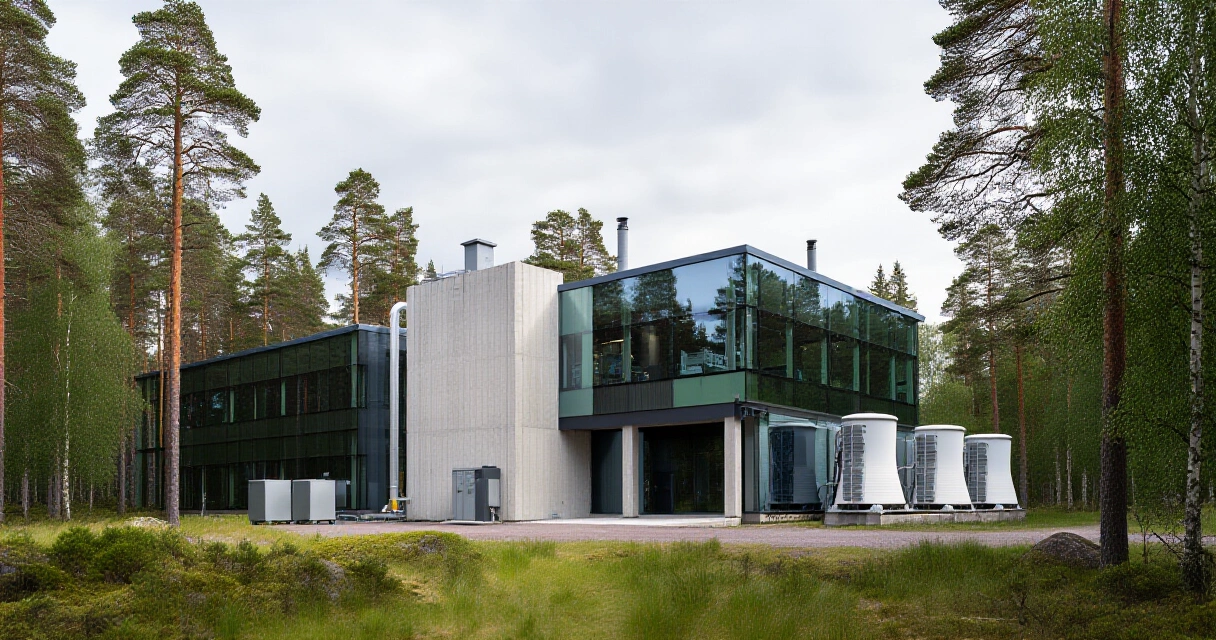 Moderni datakeskus Suomessa metsän reunalla