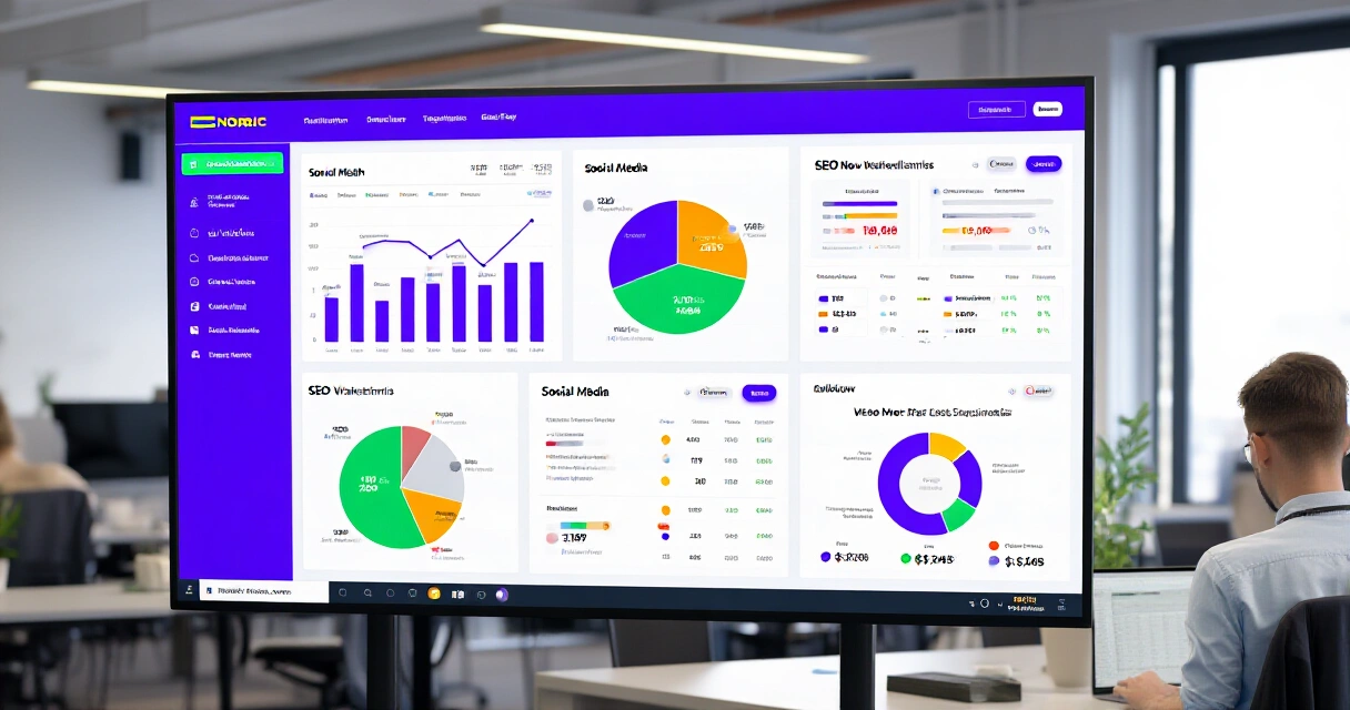 Digitaalisen markkinoinnin analytiikkadashboard useilla näytöillä toimistossa