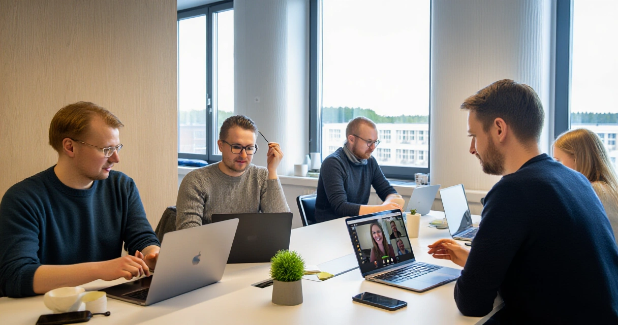 Suomalainen hybridityötoimisto, jossa tiimi työskentelee etäyhteistyöalustoilla