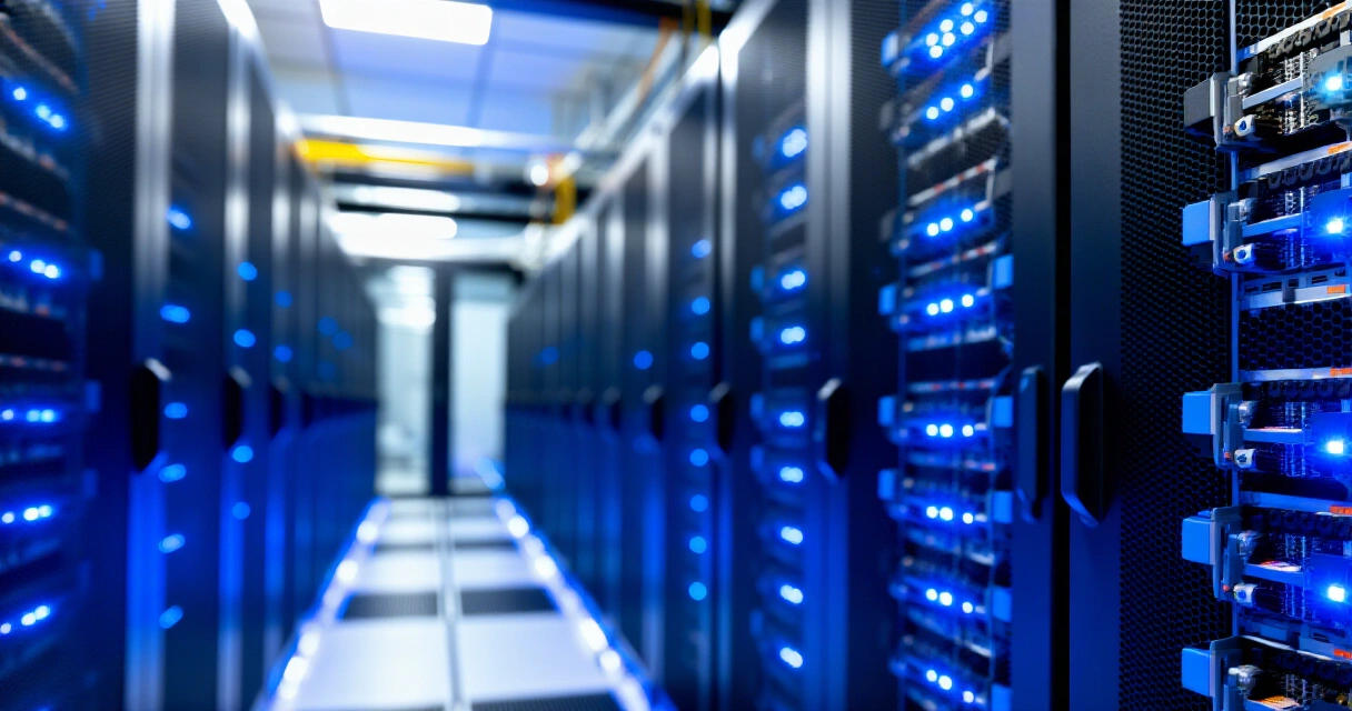 ASIC-louhintalaitteet datakeskuksessa sinisessä LED-valossa