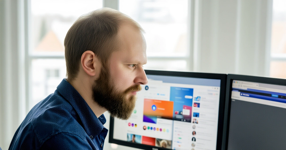 Yrittäjä tarkastelee digitaalisen markkinoinnin analytiikkaa kahdella näytöllä