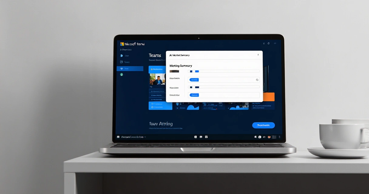 Microsoft Teams Copilot -kokousyhteenveto auki kannettavan tietokoneen näytöllä kotitoimistossa