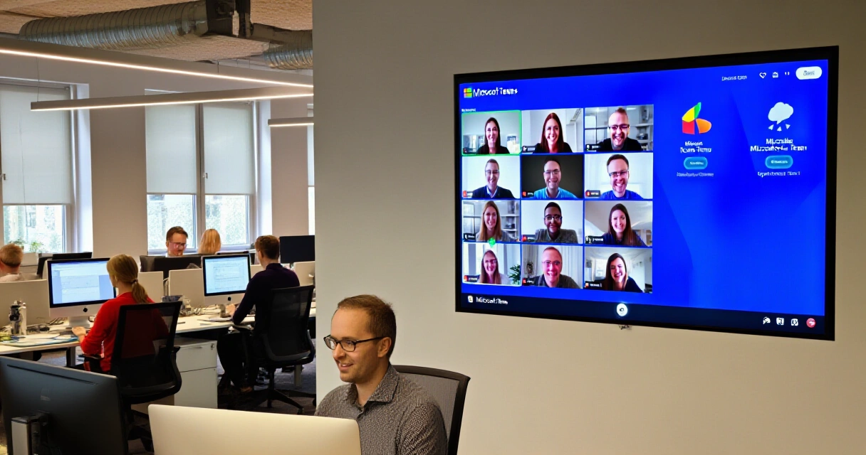Microsoft Teams videoneuvottelu modernissa pohjoismaisessa toimistossa