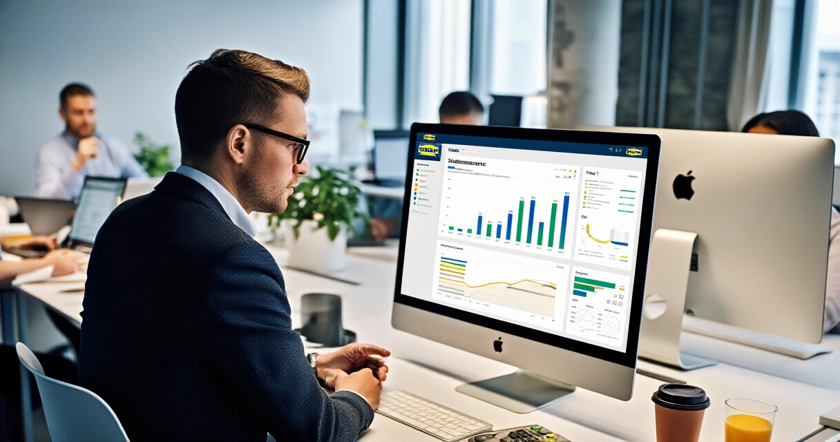 Markkinointiammattilainen analysoi Google Ads -kampanjoiden tuloksia toimistossa