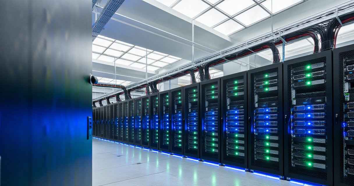 Tekoälyn datakeskus GPU-laskentaräkeillä sinisessä valossa