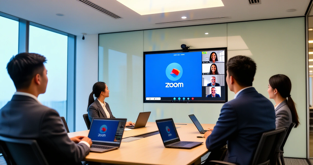 Zoom-videoneuvottelu yrityksen kokoushuoneessa vuonna 2026