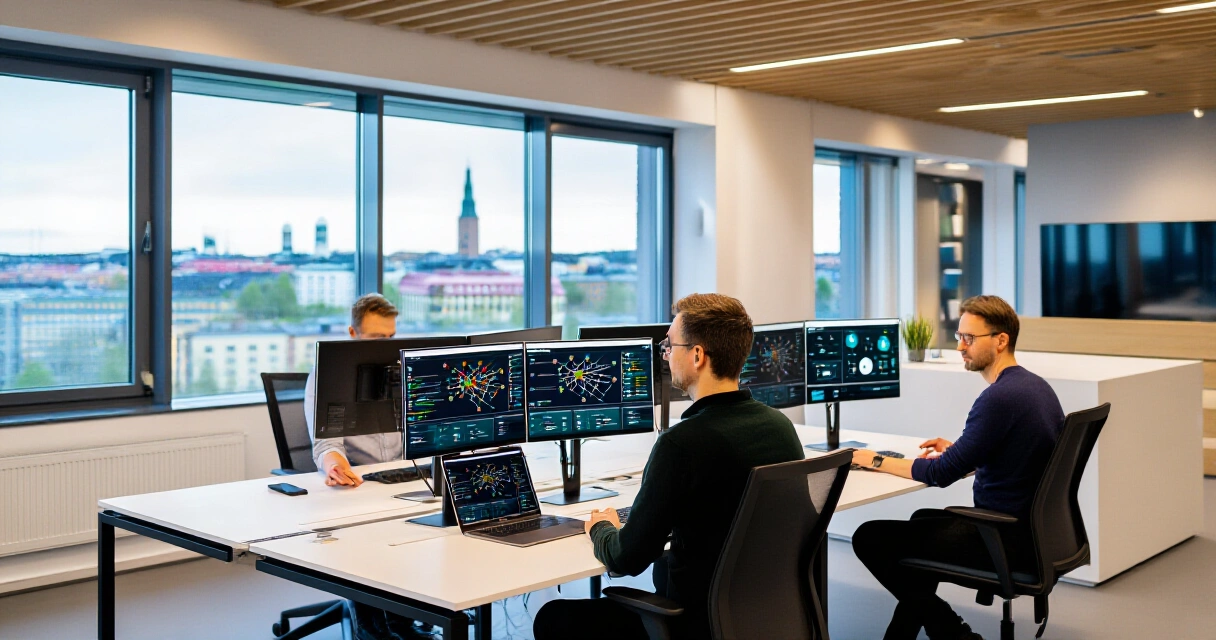 Tietoturvatiimi tarkastelee SASE-verkon hallintanäkymää modernissa pohjoismaisessa toimistossa
