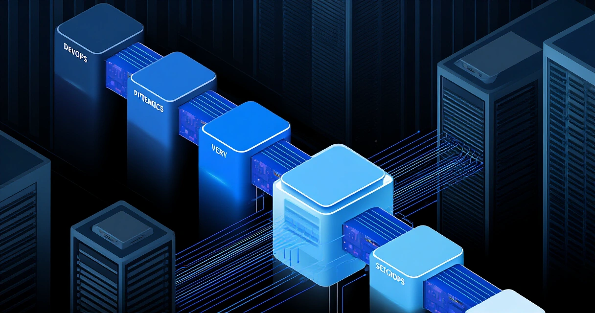 Pilvi-infrastruktuurin abstrakti visualisointi DevOps-putkesta kytkeytyneillä solmukohdilla
