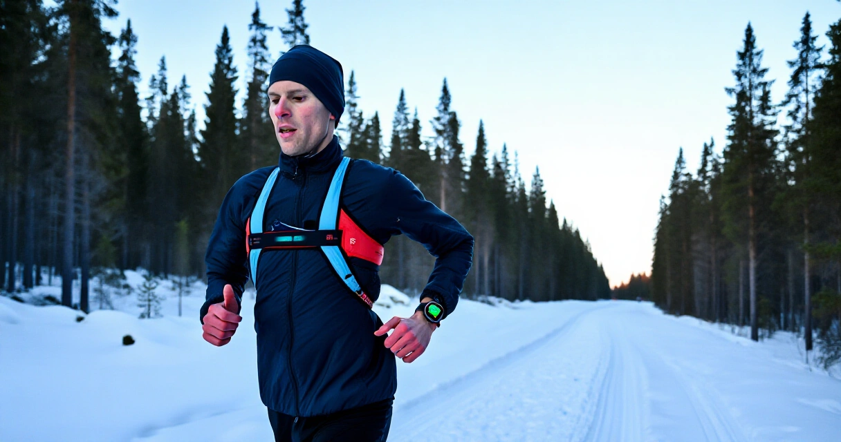 Urheilija GPS-kello ja sykevyö talvisessa pohjoismaisessa metsässä