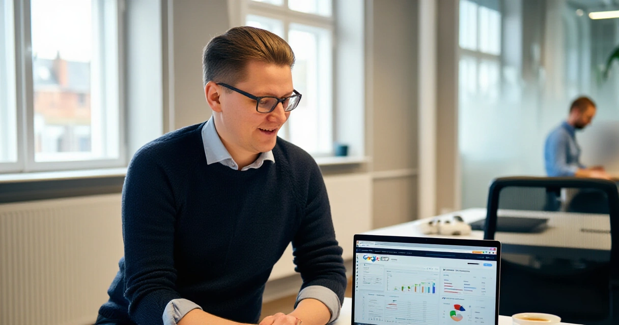 Suomalainen yrittäjä vertailee SEO- ja Google Ads -analytiikkaa kannettavalla tietokoneella