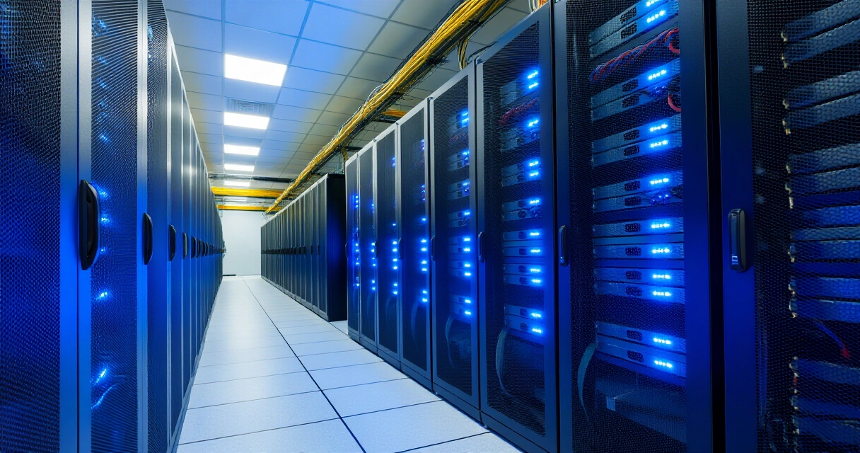 Konesalin palvelinrivistöt sinisessä valossa, moderni pilvi-infrastruktuuri