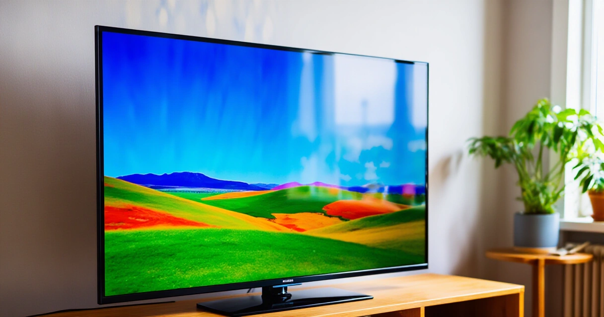 OLED-televisio olohuoneessa näyttämässä värikästä maisemakuvaa