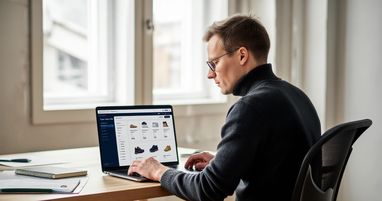 Suomalainen pienyrittäjä tarkastelee verkkokauppansa myyntidashboardia kannettavalla tietokoneella