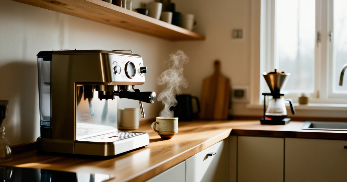 Kahvinkeitin ja espressokone rinnakkain skandinaavisessa keittiössä