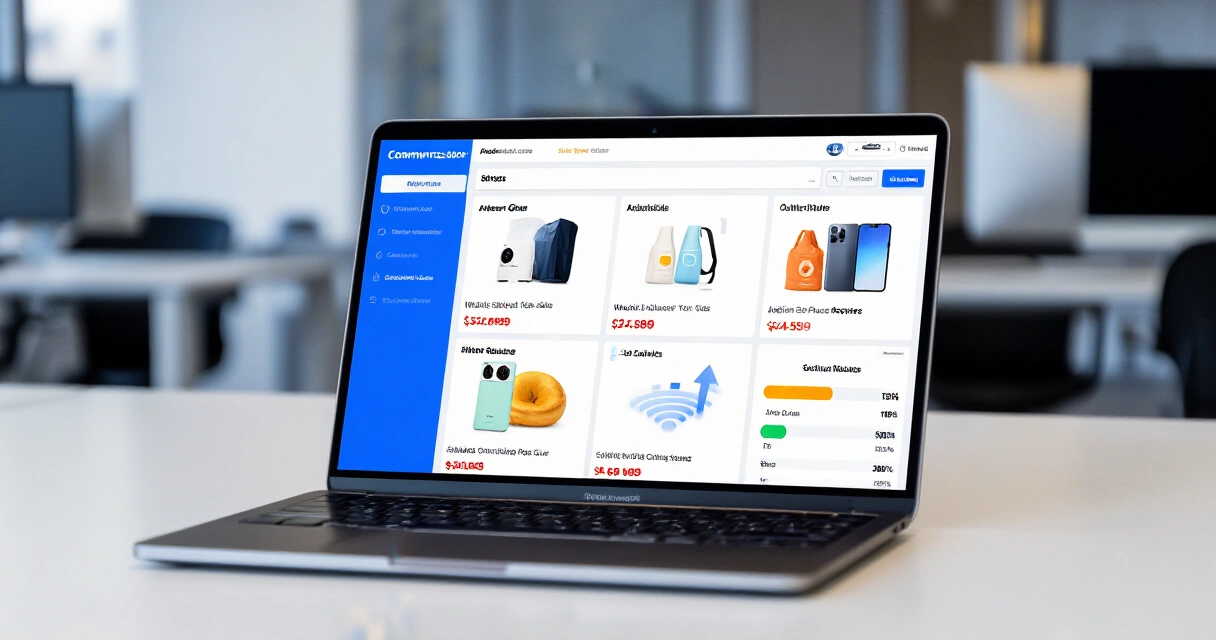 BigCommerce verkkokauppa-hallintapaneeli kannettavalla tietokoneella toimistossa