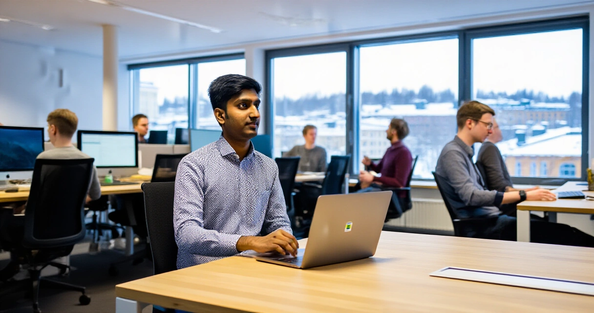 Pakistanilainen IT-ammattilainen työskentelee suomalaisessa teknologiayrityksessä